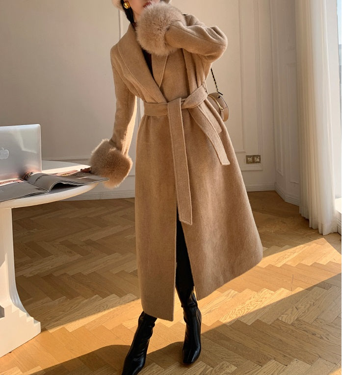Beige WANXO vegann fur waist tie woolen coat new fashion medium and long woolen coat- Katy