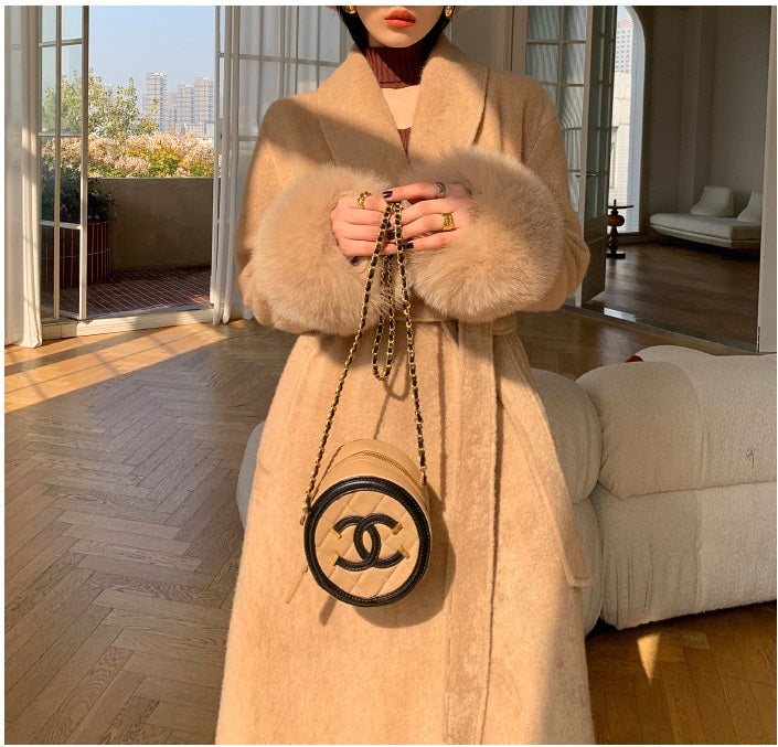 Beige WANXO vegann fur waist tie woolen coat new fashion medium and long woolen coat- Katy