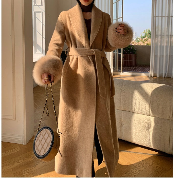Beige WANXO vegann fur waist tie woolen coat new fashion medium and long woolen coat- Katy