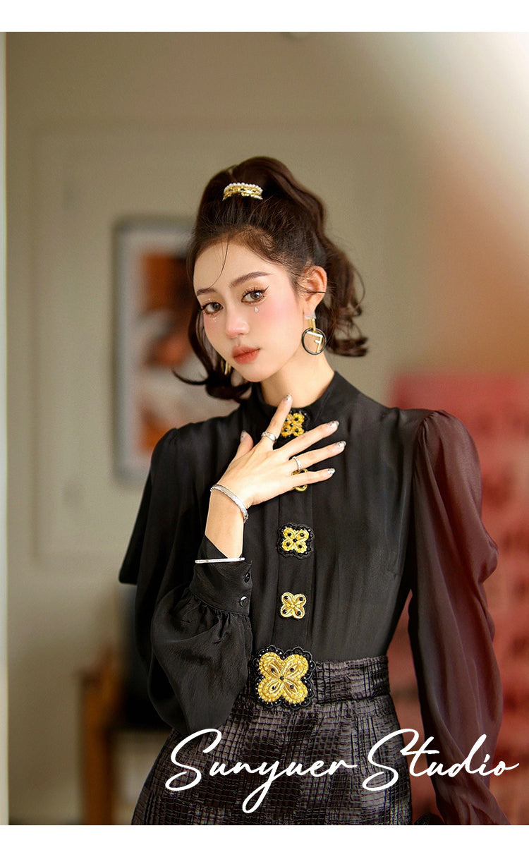 Black gold buttons embroidered beaded bow long-sleeved dress- Otia