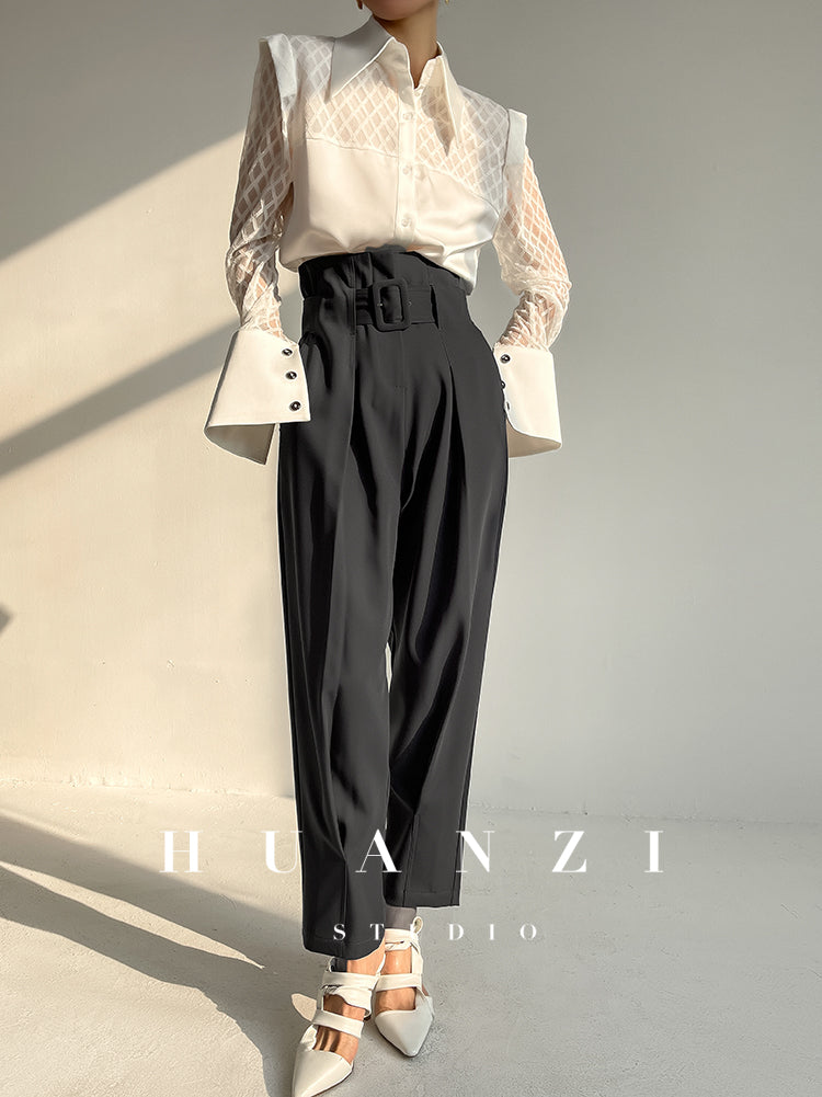 Spring summer fashion high waist loose straight belt radish pants trousers - Tima