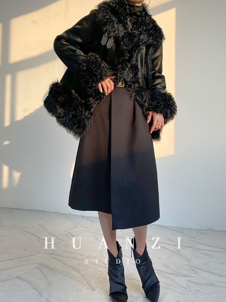 Huanzi custom craft winter fur one-piece wool lamb collar leather jacket - Sioed
