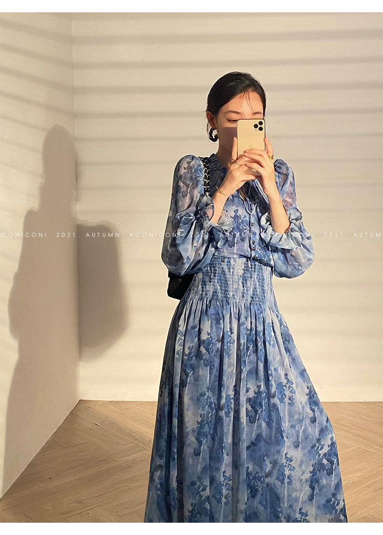 Aconiconi|French elegant blue print spring summer dress - hiju