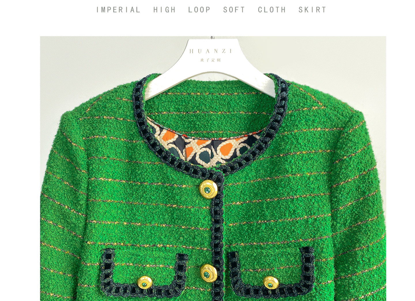 Huanzi tweed wool small suit autumn and winter new green short coat suit set- Lilibeth