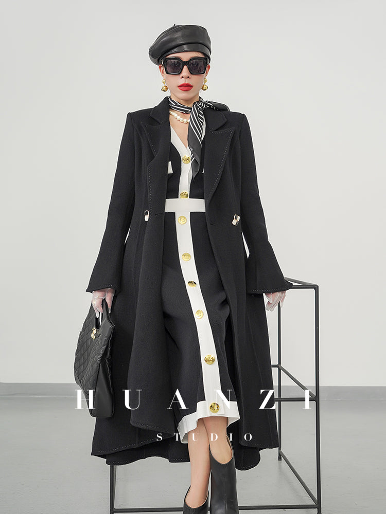Huanzi custom double-sided cashmere coat women's black woolen coat fishtail slim fit and thin- Baty