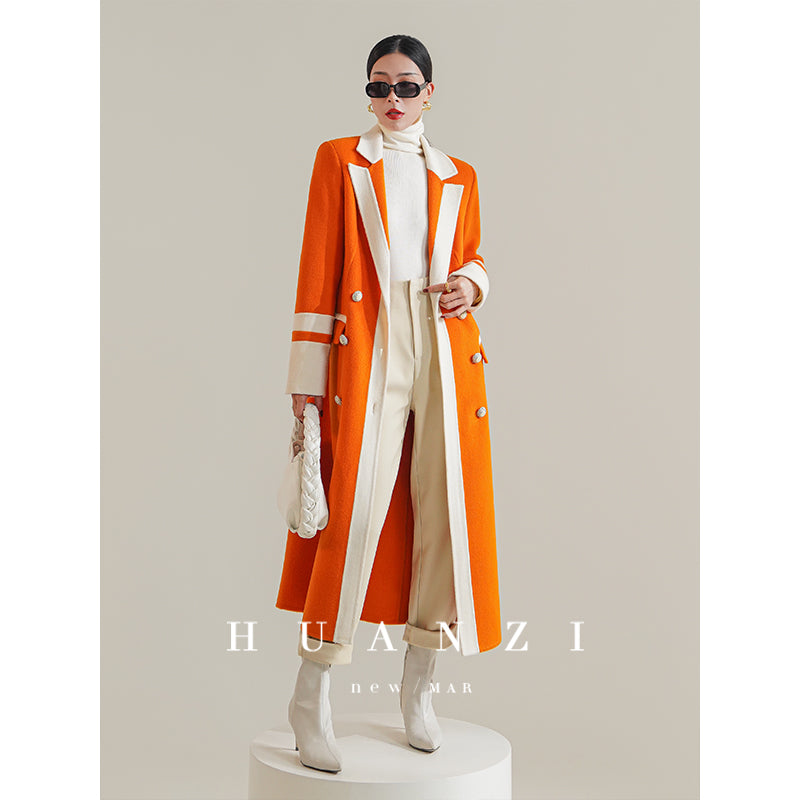 Huanzi high-grade contrasting color double-sided cashmere woolen coat new autumn and winter waist waist long- Trina