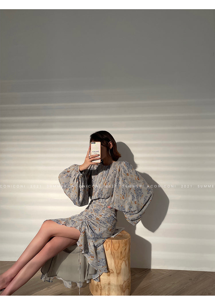 Aconiconi|high-end French tea floral printed elegant lantern sleeve midi dress - Nila