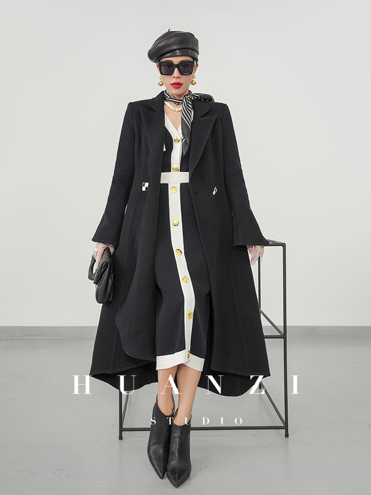 Huanzi custom double-sided cashmere coat women's black woolen coat fishtail slim fit and thin- Baty