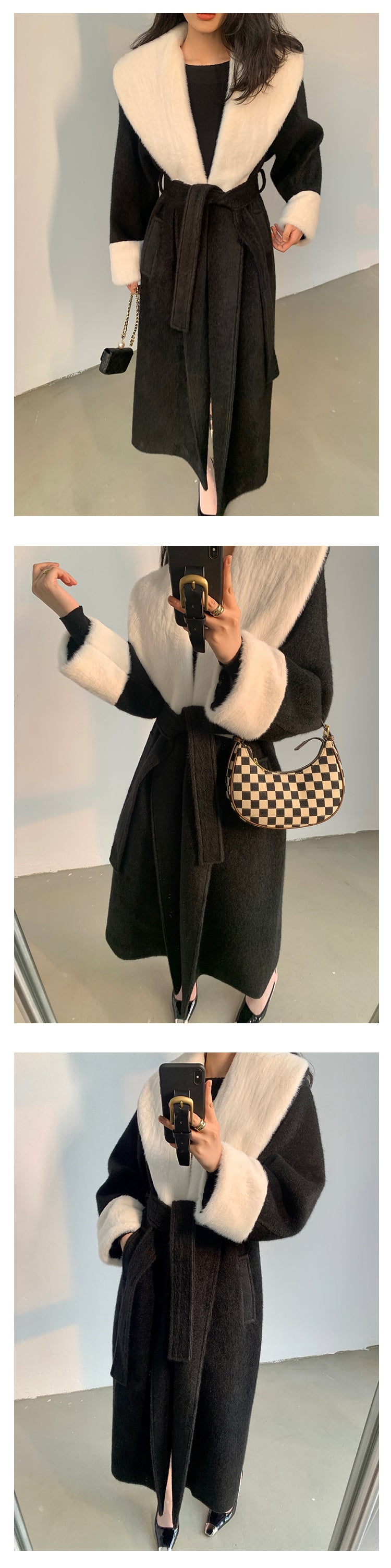 High end Contrast color large lapel bathrobe-style long coat loose winter spring woolen coat - Gulla Black