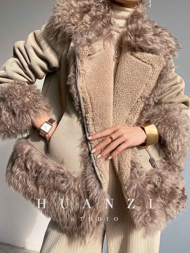 Huanzi custom craft winter fur one-piece wool lamb collar leather jacket - Sioed