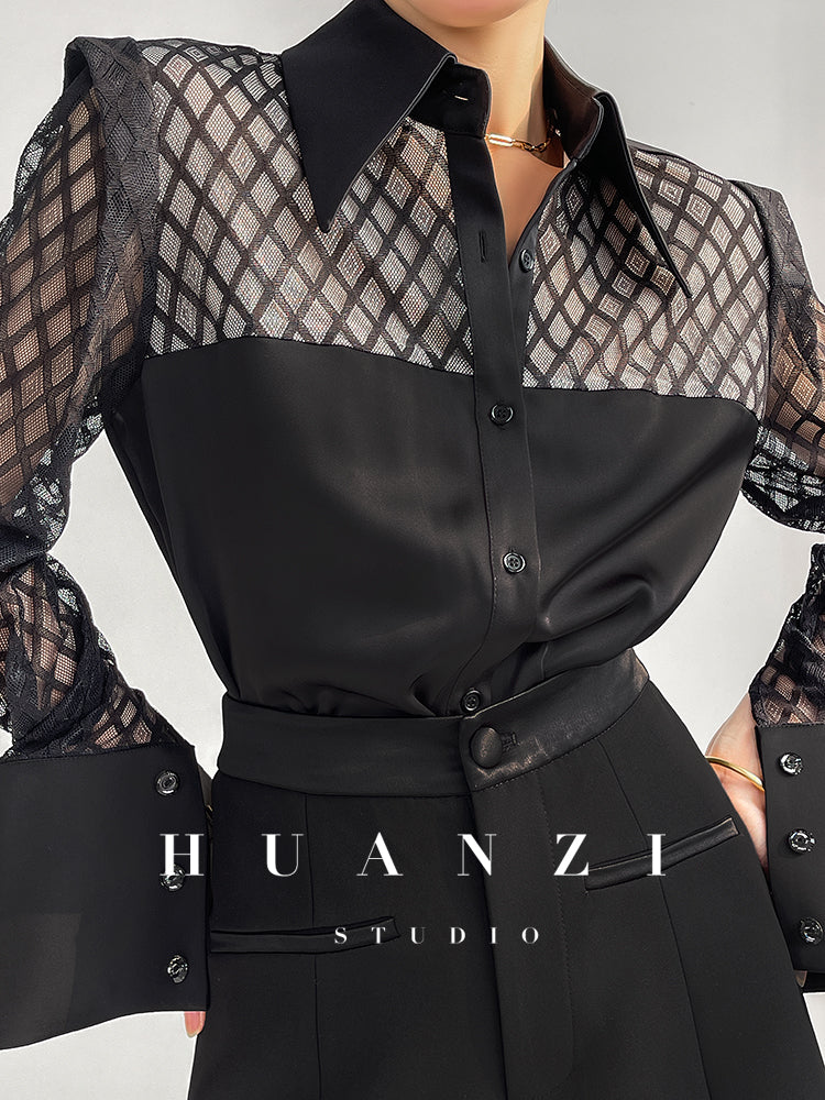 Huanzi high end custom lace plaid satin angle shoulder shirt - Bisrs
