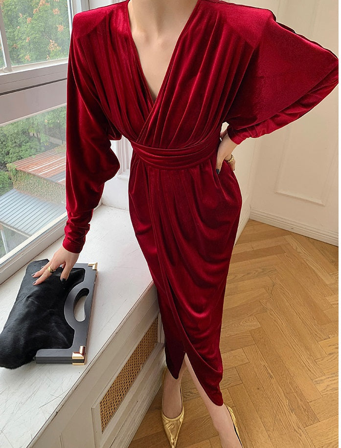 Brown WANXO French red pleated velvet dress new gold-like waist bottoming skirt- Winny