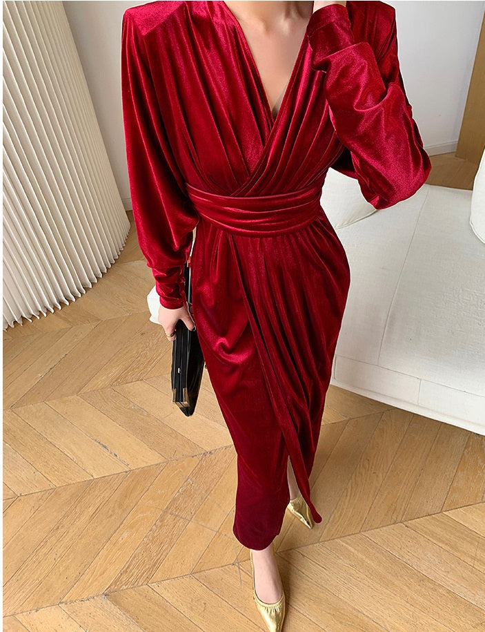 Brown WANXO French red pleated velvet dress new gold-like waist bottoming skirt- Winny