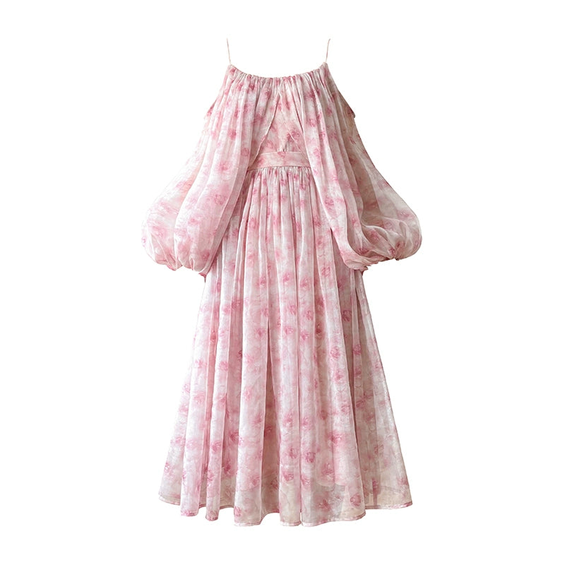 Aconiconi| Slip Off-the-Shoulder Top Skirt - Flower fairy