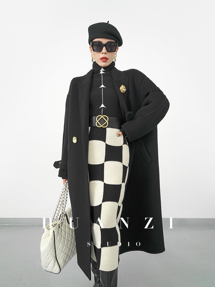 Huanzi classic black and white checkerboard high waist slim knitted fishtail skirt for women- Tiloa