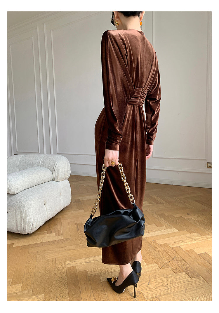 Brown WANXO French red pleated velvet dress new gold-like waist bottoming skirt- Winny
