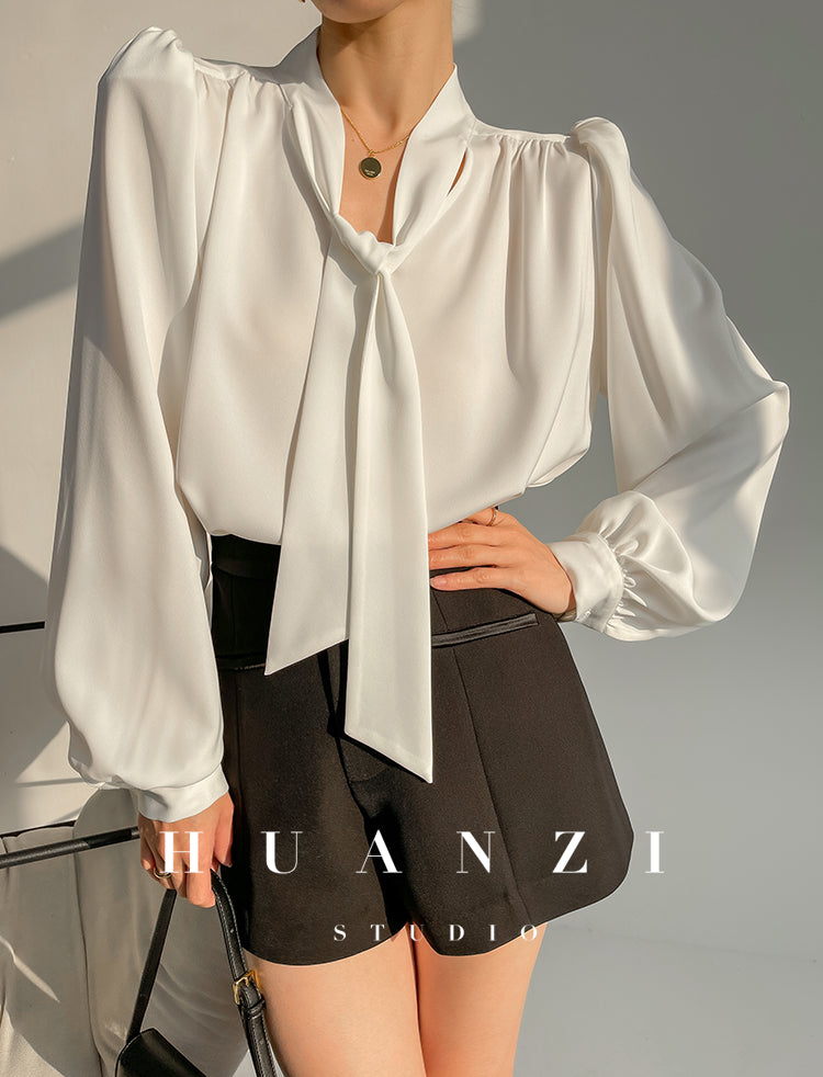 Huanzi new puff sleeves silk satin shirts top blouse - Oitr green