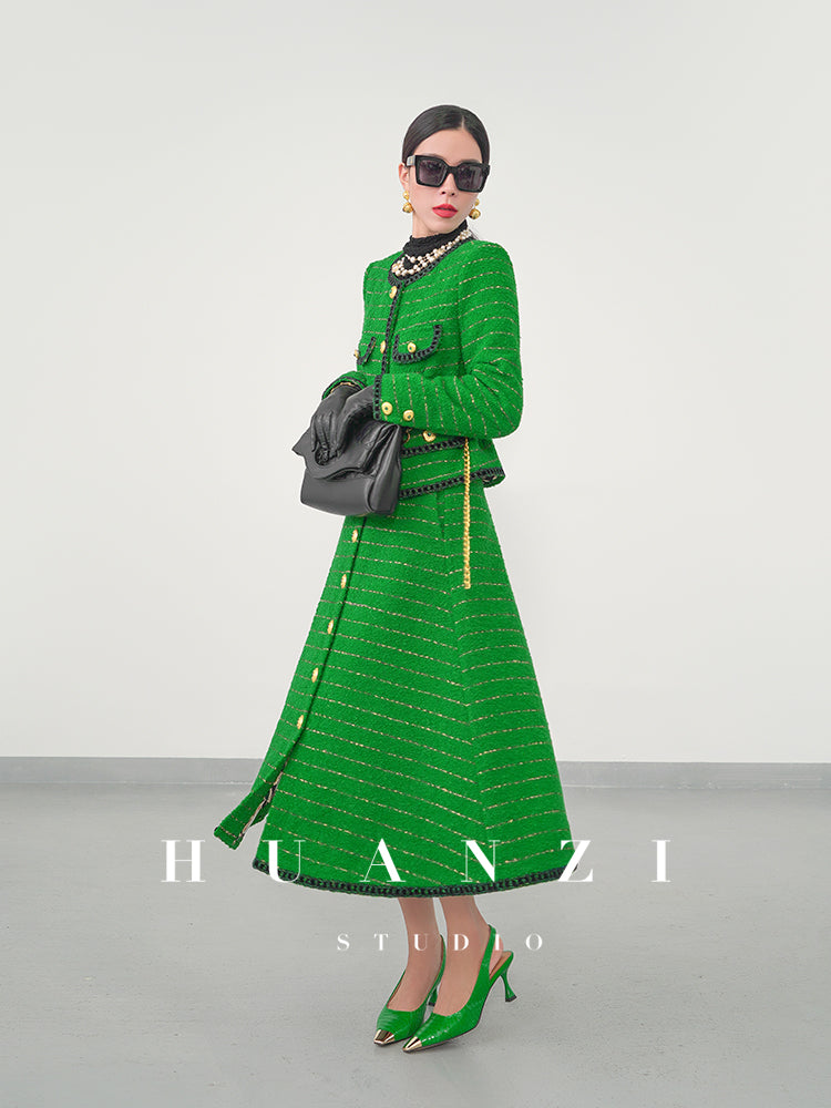 Huanzi tweed wool small suit autumn and winter new green short coat suit set- Lilibeth