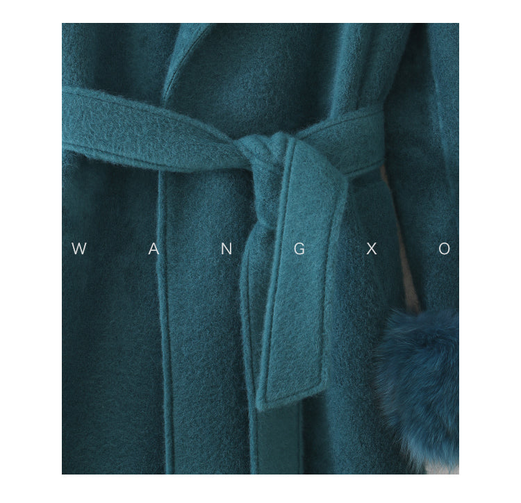 Beige WANXO vegann fur waist tie woolen coat new fashion medium and long woolen coat- Katy