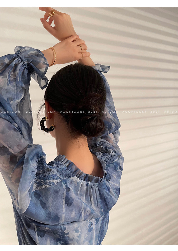 Aconiconi|French elegant blue print spring summer dress - hiju