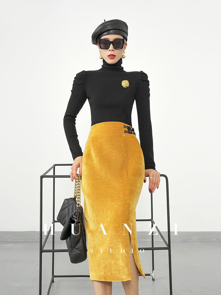 Huanzi new French velvet fashionable high waist slim and small slit skirt female- Elvin
