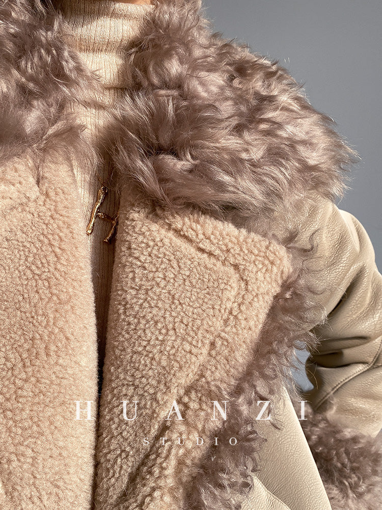 Huanzi custom craft winter fur one-piece wool lamb collar leather jacket - Sioed