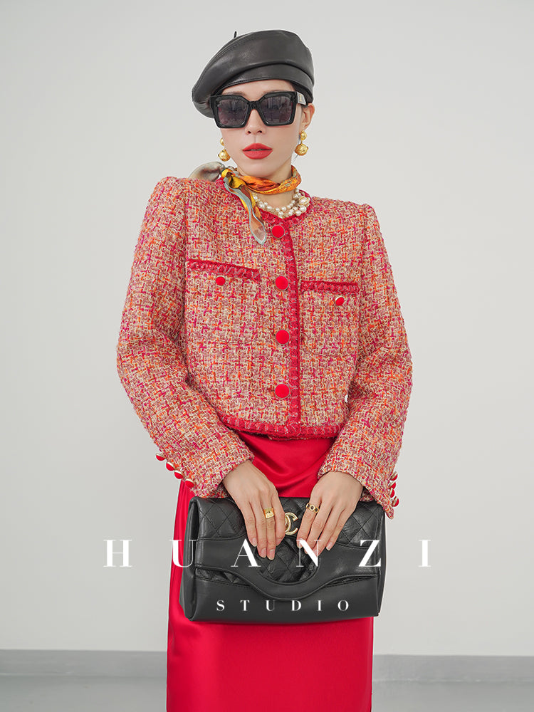 Huanzi custom 2022 autumn and winter new high-definition handmade red tweed temperament lady style small fragrant wind jacket female