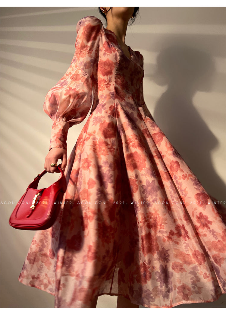 Aconiconi|Romantic French print luxury handmade haute couture beaded v-neck midi dress - Pilore