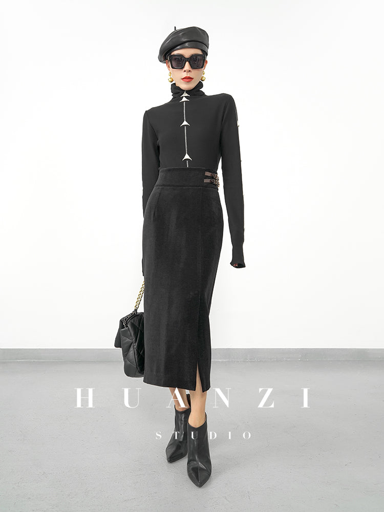 Huanzi new French velvet fashionable high waist slim and small slit skirt female- Elvin