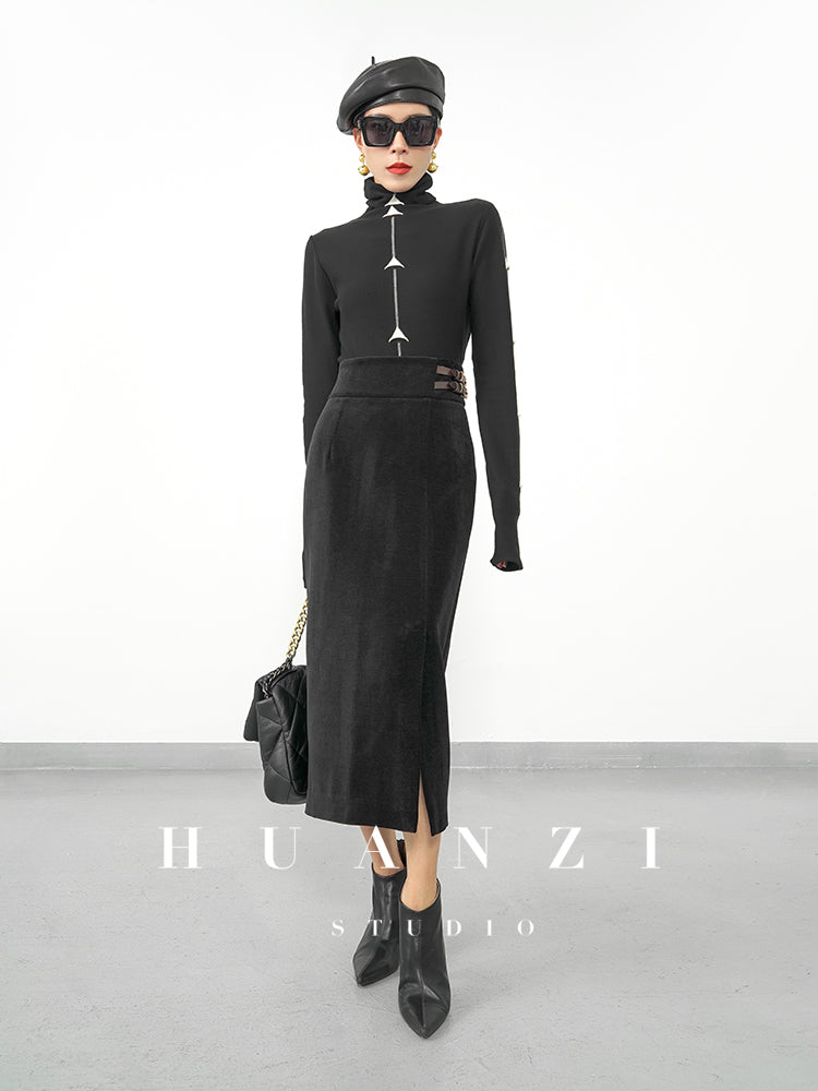 Huanzi  new French velvet fashionable high waist slim and small slit skirt female- Elvin
