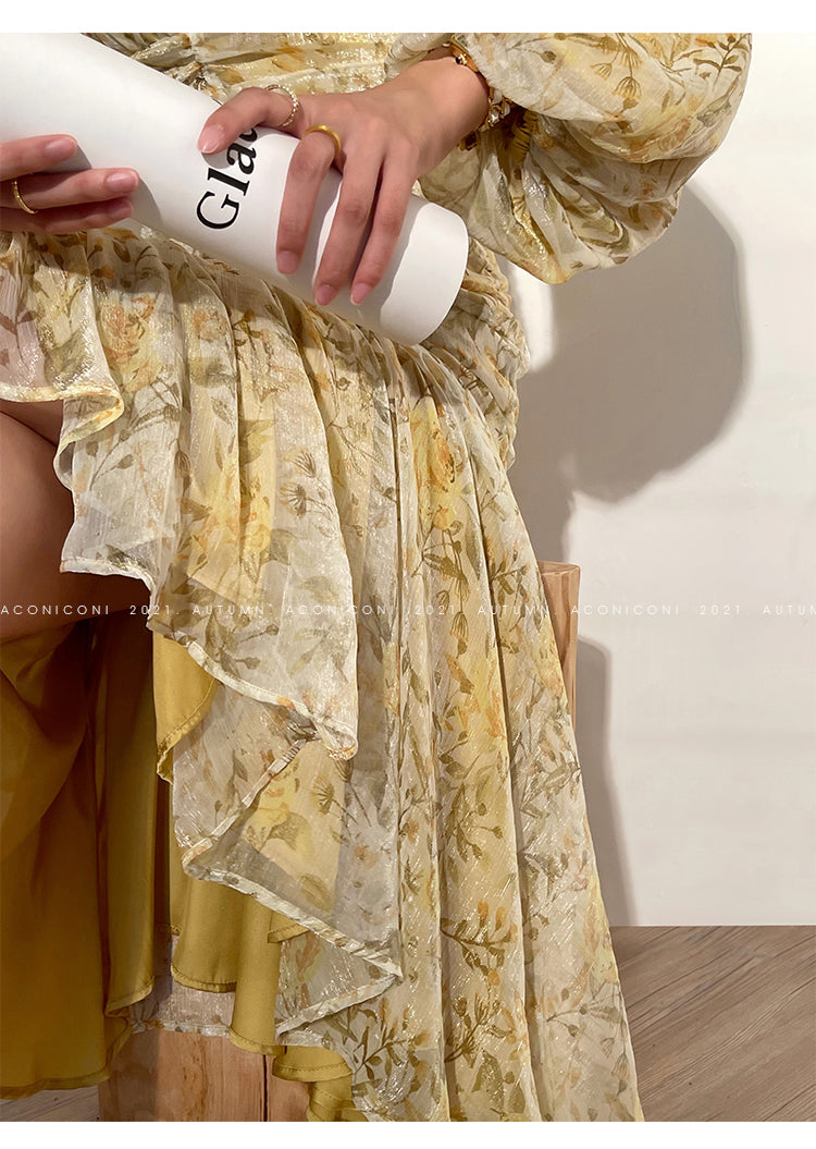 Aconiconi|French floral fishtail midi dress- butter