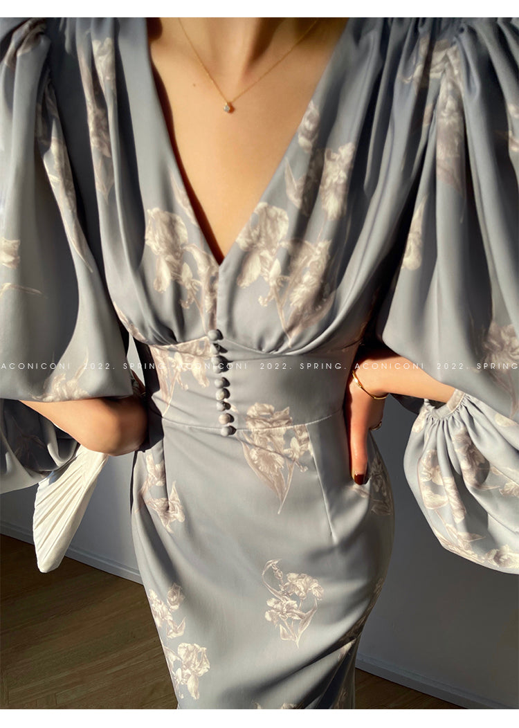 Aconiconi|kite white French elegant v-neck mid-length fishtail dress -Qingshan