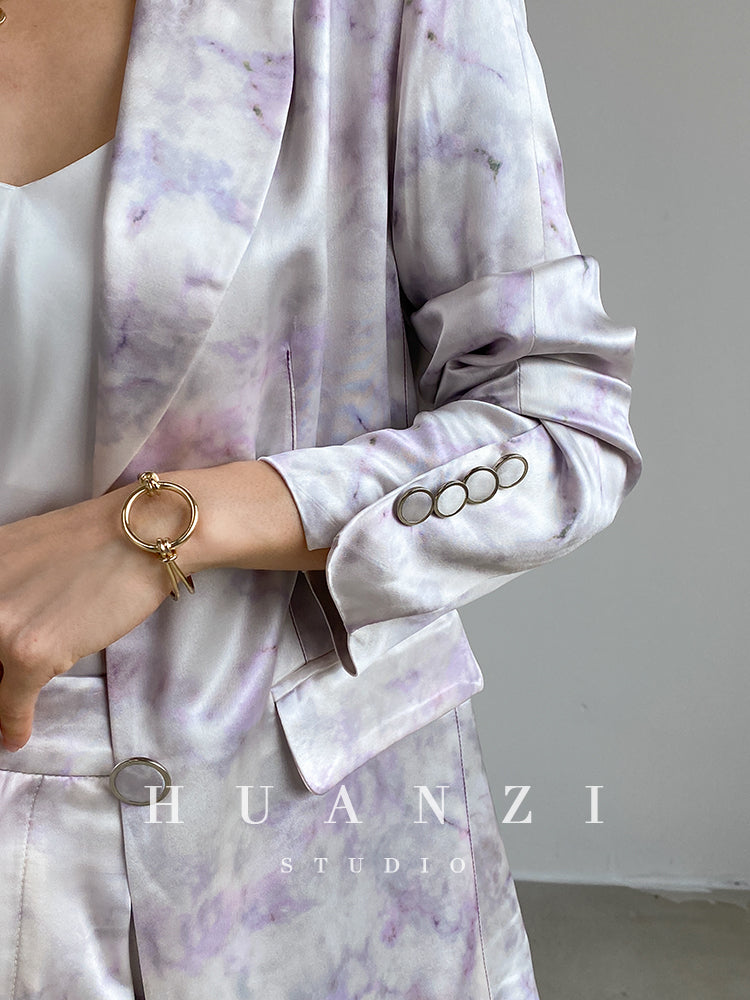 high-quality luxury triacetic tye dye satin long-sleeved short suit - libo