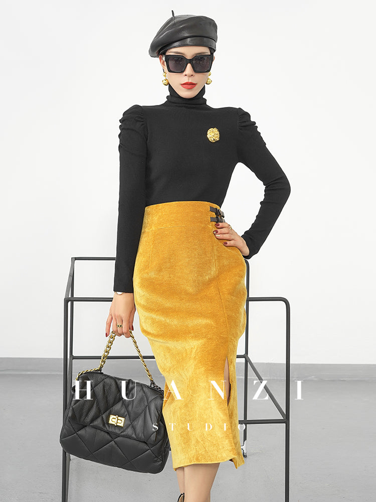 Huanzi new French velvet fashionable high waist slim and small slit skirt female- Elvin