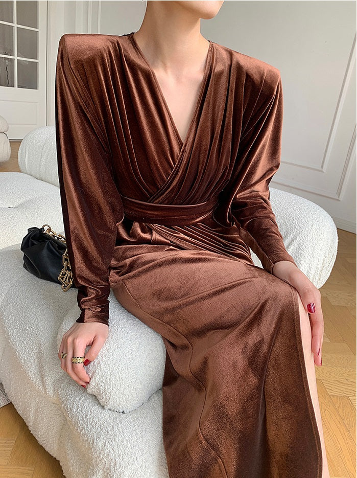 Brown WANXO French red pleated velvet dress new gold-like waist bottoming skirt- Winny