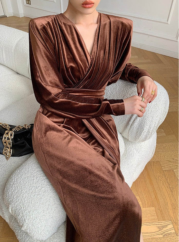 Brown WANXO French red pleated velvet dress new gold-like waist bottoming skirt- Winny