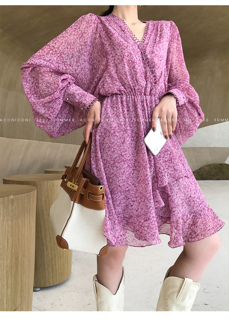 Aconiconi|French style elegant printed floral chiffon summer dress - Nikol