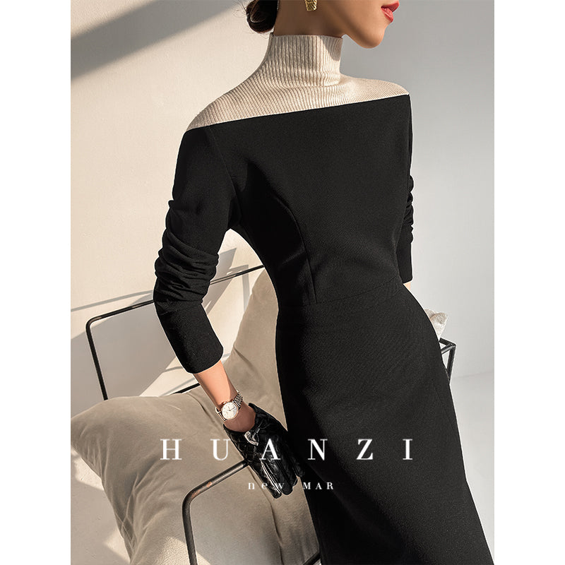 Huanzi new elegant classic black high turtle neck dress - Kios