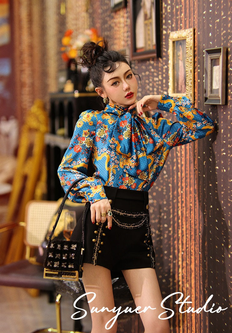 High waist velvet wide-leg shorts plus bow long sleeve top two piece set- Leticia