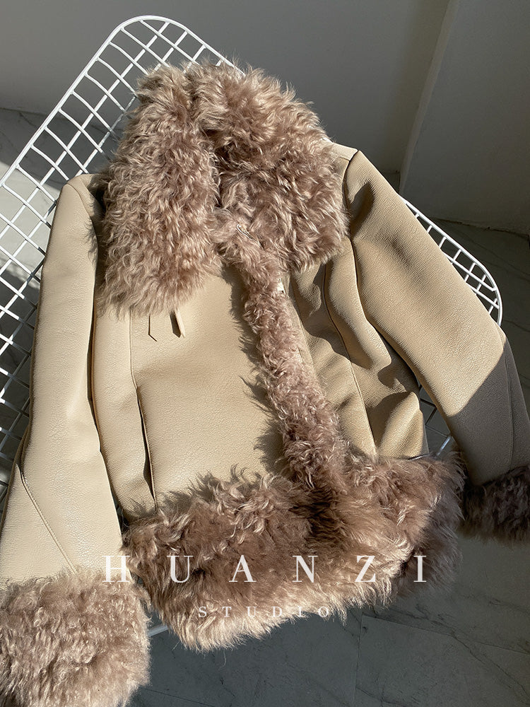 Huanzi custom craft winter fur one-piece wool lamb collar leather jacket - Sioed