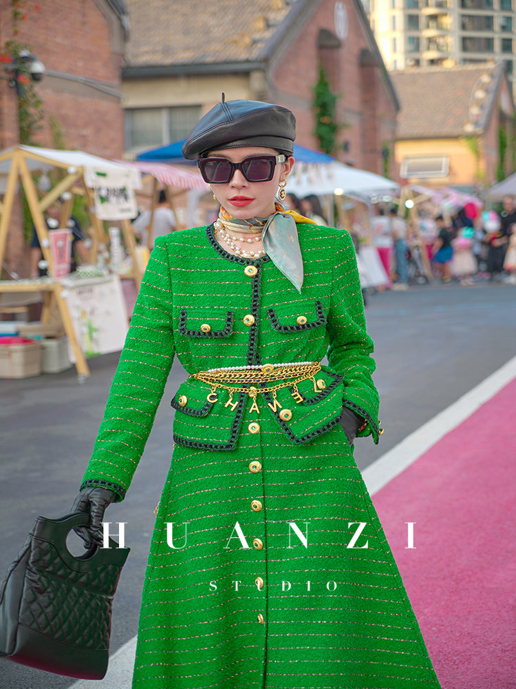 Huanzi tweed wool small suit autumn and winter new green short coat suit set- Lilibeth