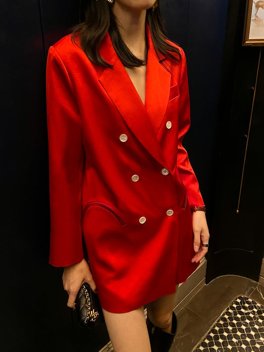 light luxury satin suit retro straight loose red blazer dress suit jacket - TII