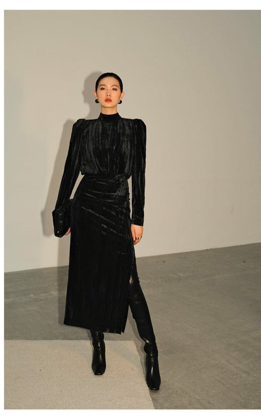 Vintage Retro highend half Turtleneck Side Slit Velvet dress - Kibeds Earl Black