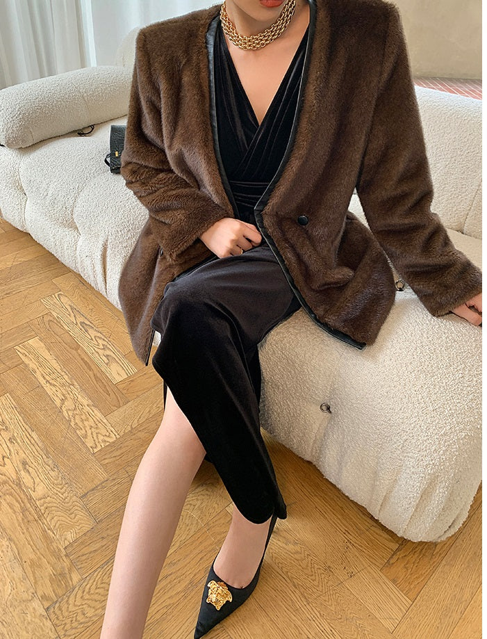 Brown WANXO French red pleated velvet dress new gold-like waist bottoming skirt- Winny