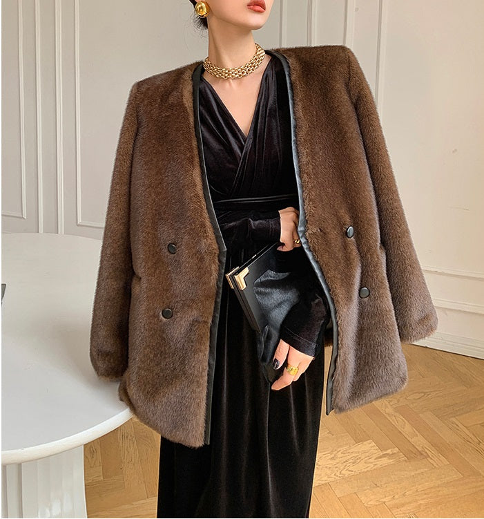 Brown WANXO French red pleated velvet dress new gold-like waist bottoming skirt- Winny