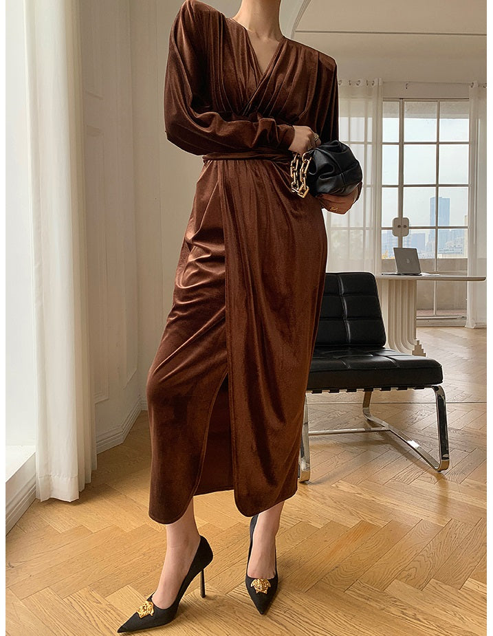 Brown WANXO French red pleated velvet dress new gold-like waist bottoming skirt- Winny