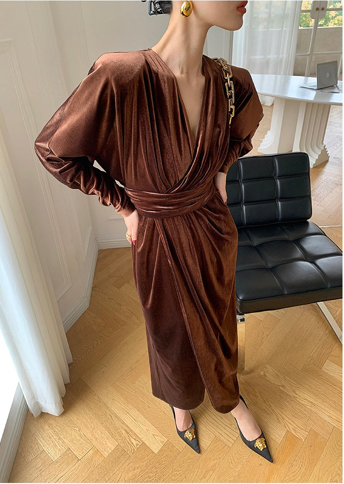 Brown WANXO French red pleated velvet dress new gold-like waist bottoming skirt- Winny