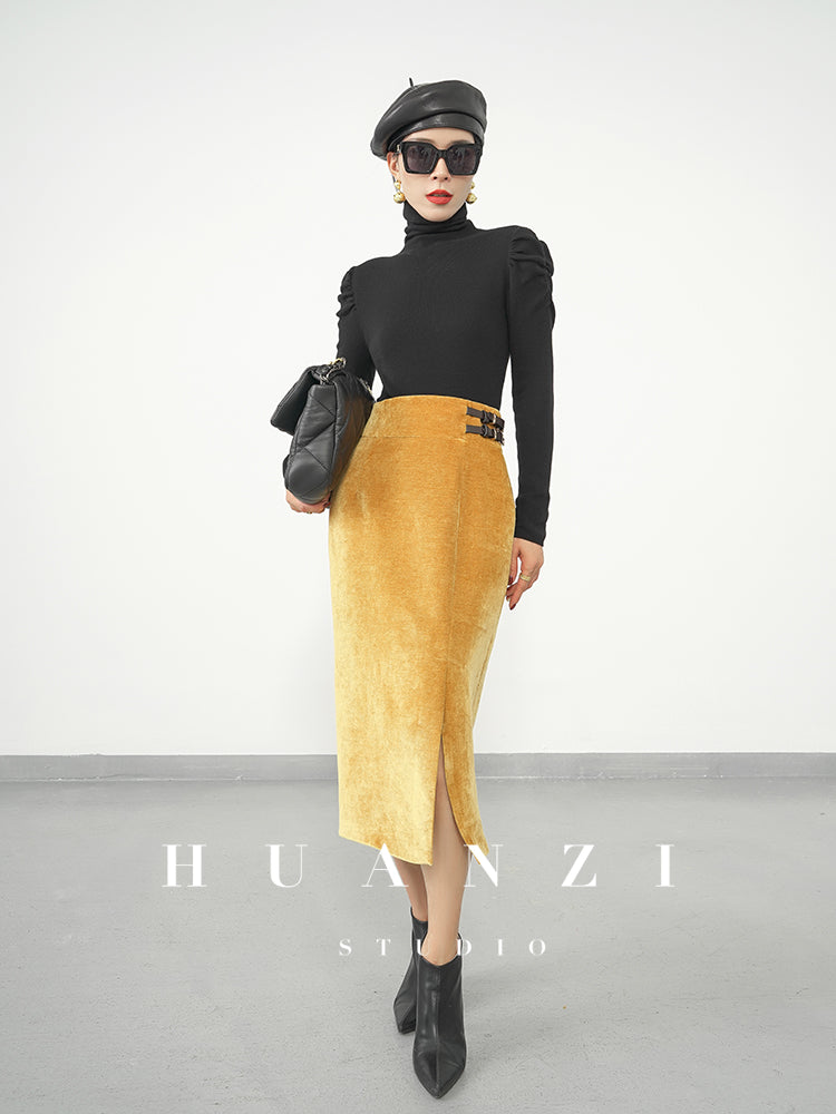 Huanzi new French velvet fashionable high waist slim and small slit skirt female- Elvin