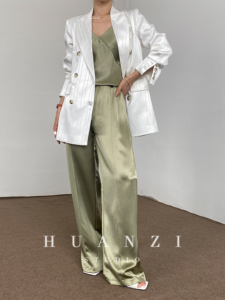 Huanzi high end tri-acetic satin drape high-end suit white silk blazer suit -Bioba