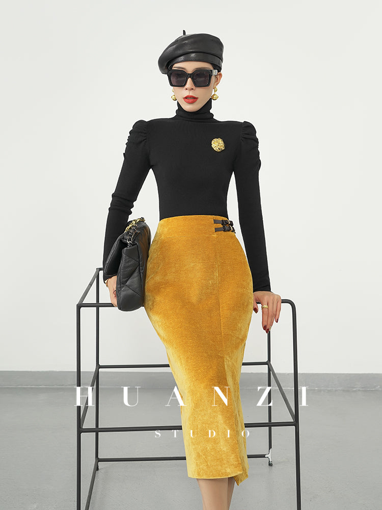 Huanzi new French velvet fashionable high waist slim and small slit skirt female- Elvin